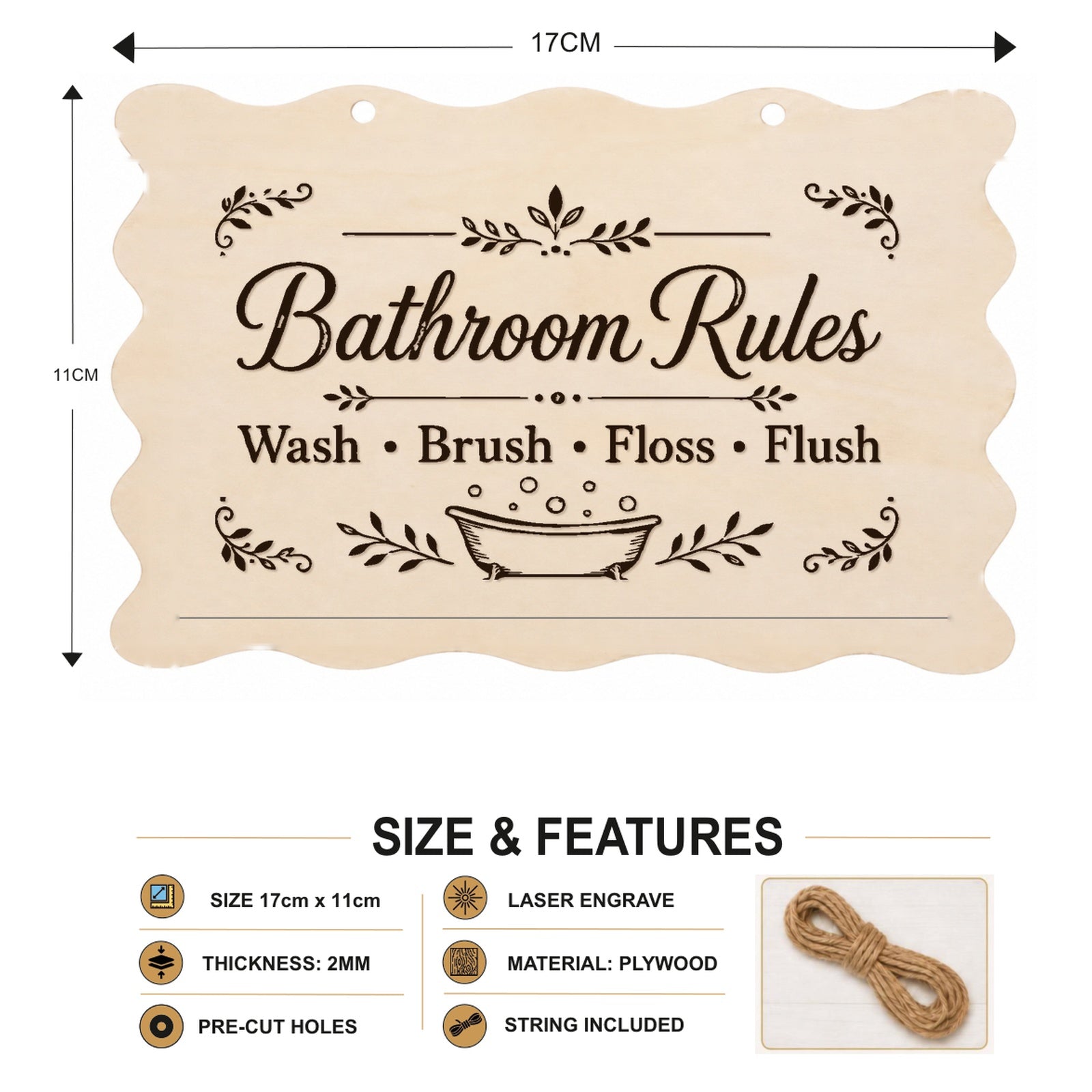 Bathroom Rules plaque showing 20 x 10 cm size and product features