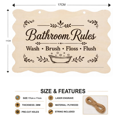 Bathroom Rules plaque showing 20 x 10 cm size and product features