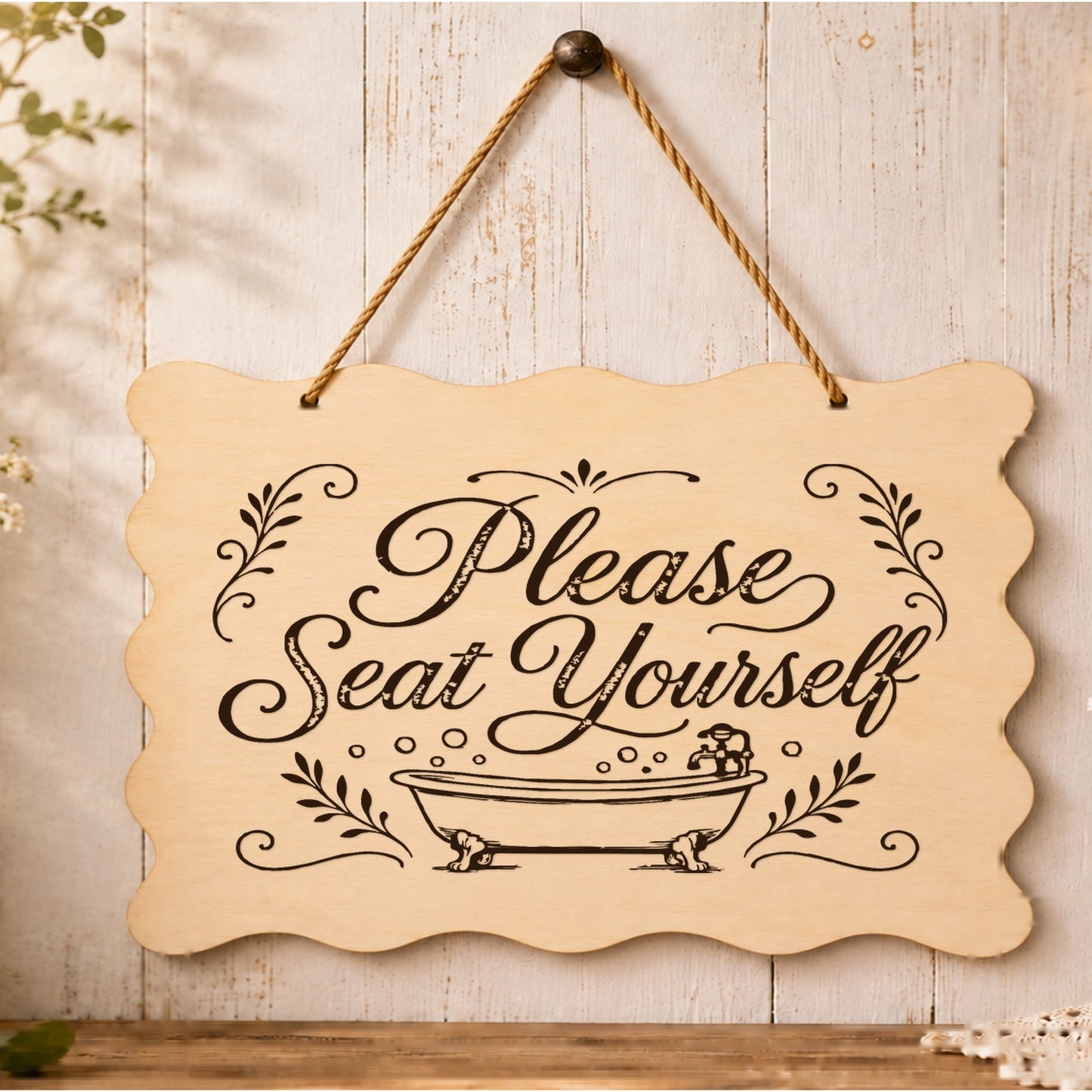 Please Seat Yourself wooden plaque displayed in a bathroom setting