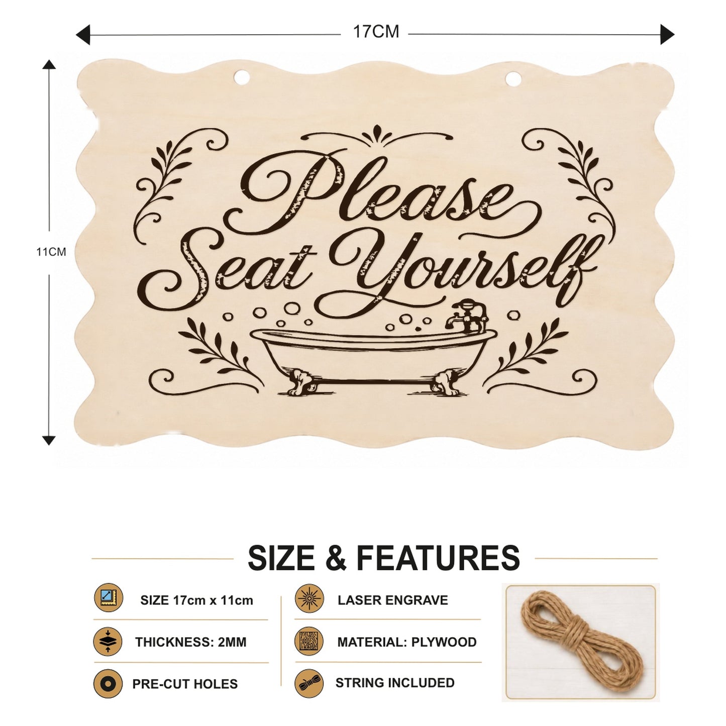 Please Seat Yourself plaque showing 20 x 10 cm size and product features
