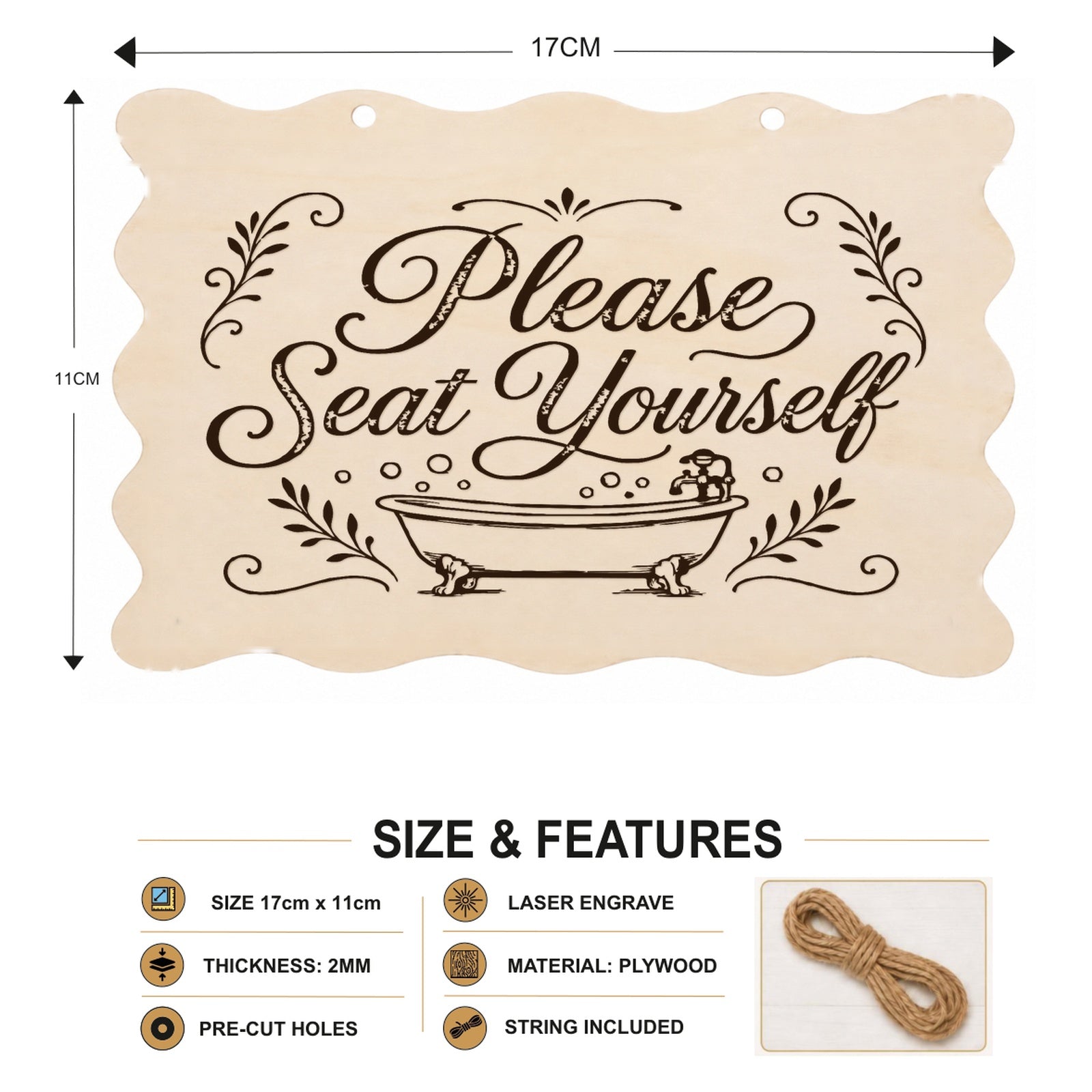 Please Seat Yourself plaque showing 20 x 10 cm size and product features