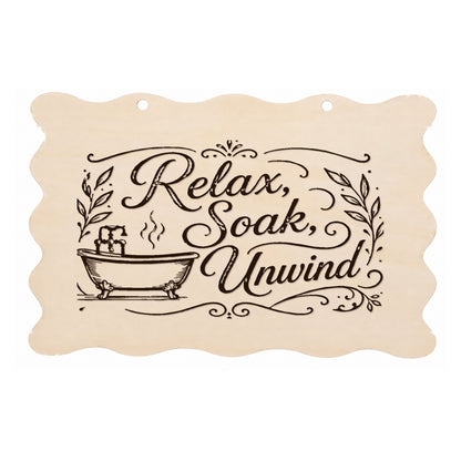 Relax Soak Unwind scalloped bathroom plaque on a white background