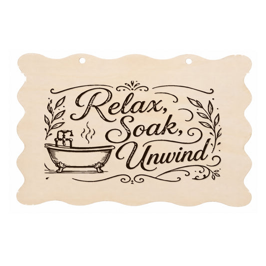 Relax Soak Unwind scalloped bathroom plaque on a white background
