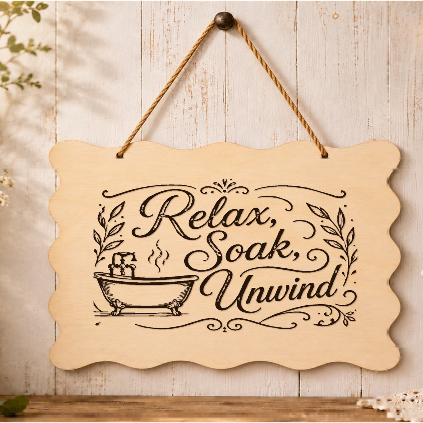 Relax Soak Unwind wooden plaque displayed in a bathroom setting