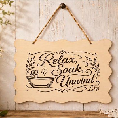 Relax Soak Unwind wooden plaque displayed in a bathroom setting