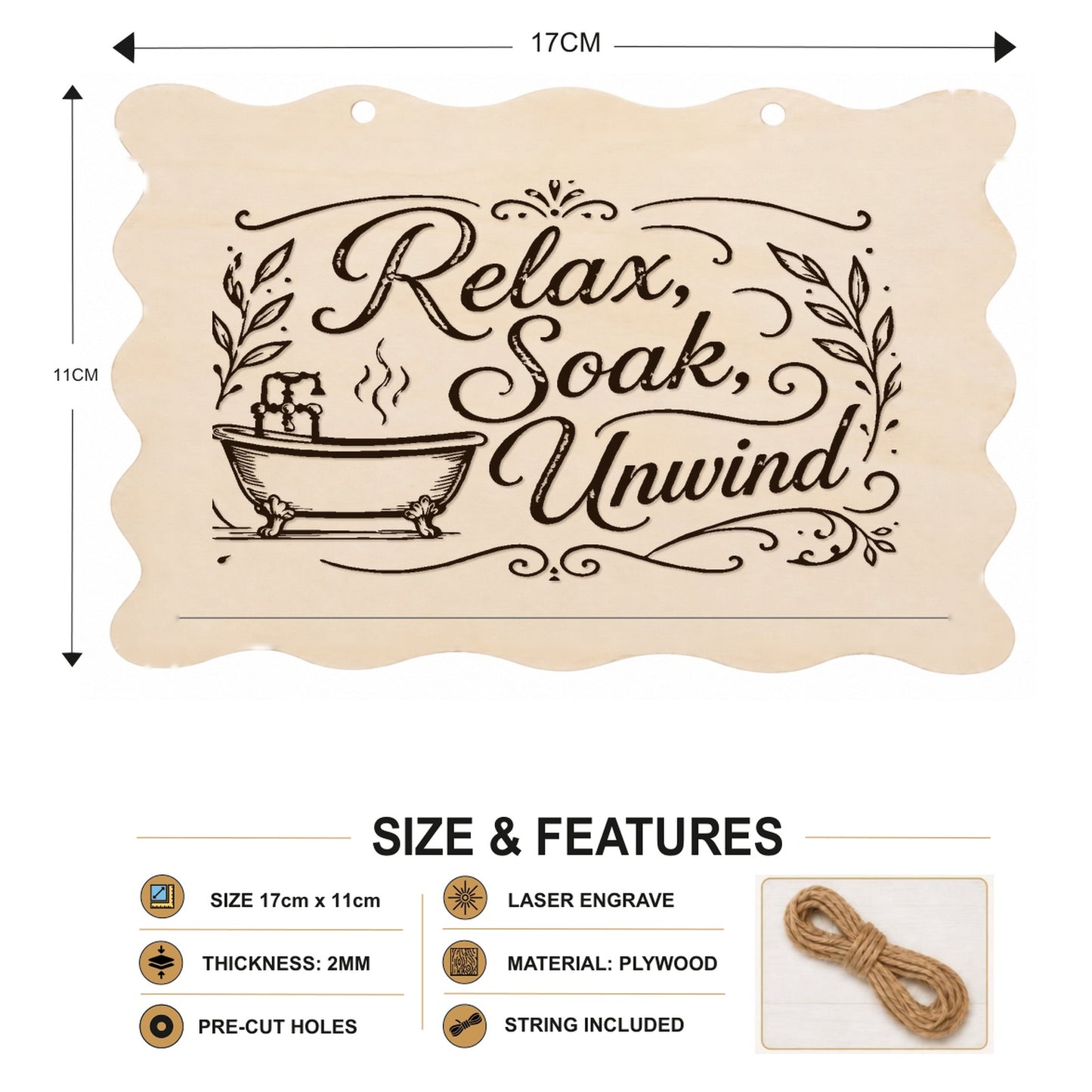 Relax Soak Unwind plaque showing 20 x 10 cm size and product features