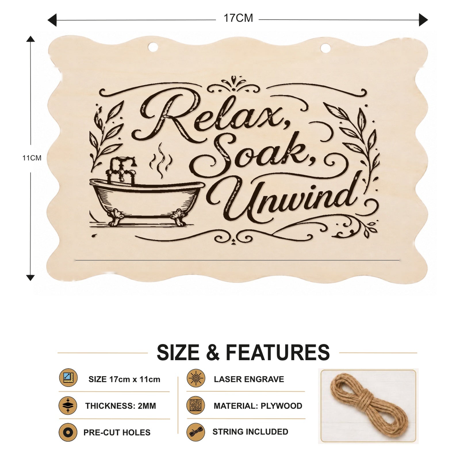 Relax Soak Unwind plaque showing 20 x 10 cm size and product features