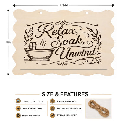 Relax Soak Unwind plaque showing 20 x 10 cm size and product features
