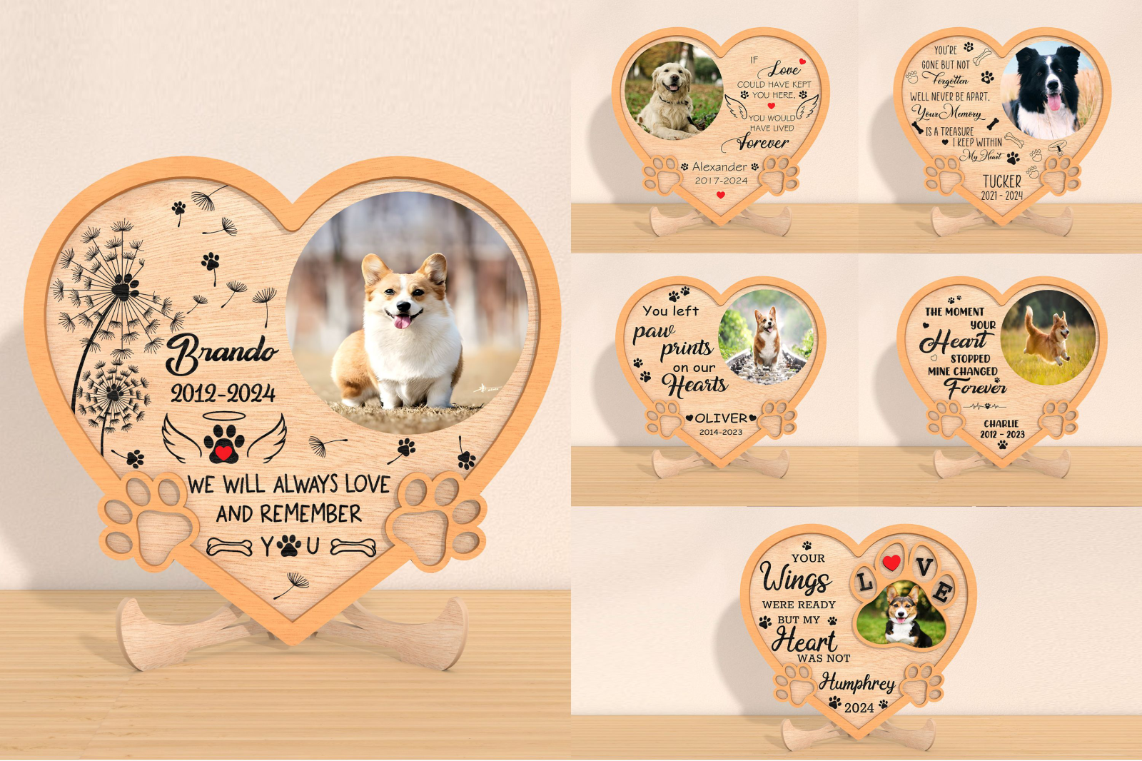 Personalised dog memorial heart plaque six-design collection