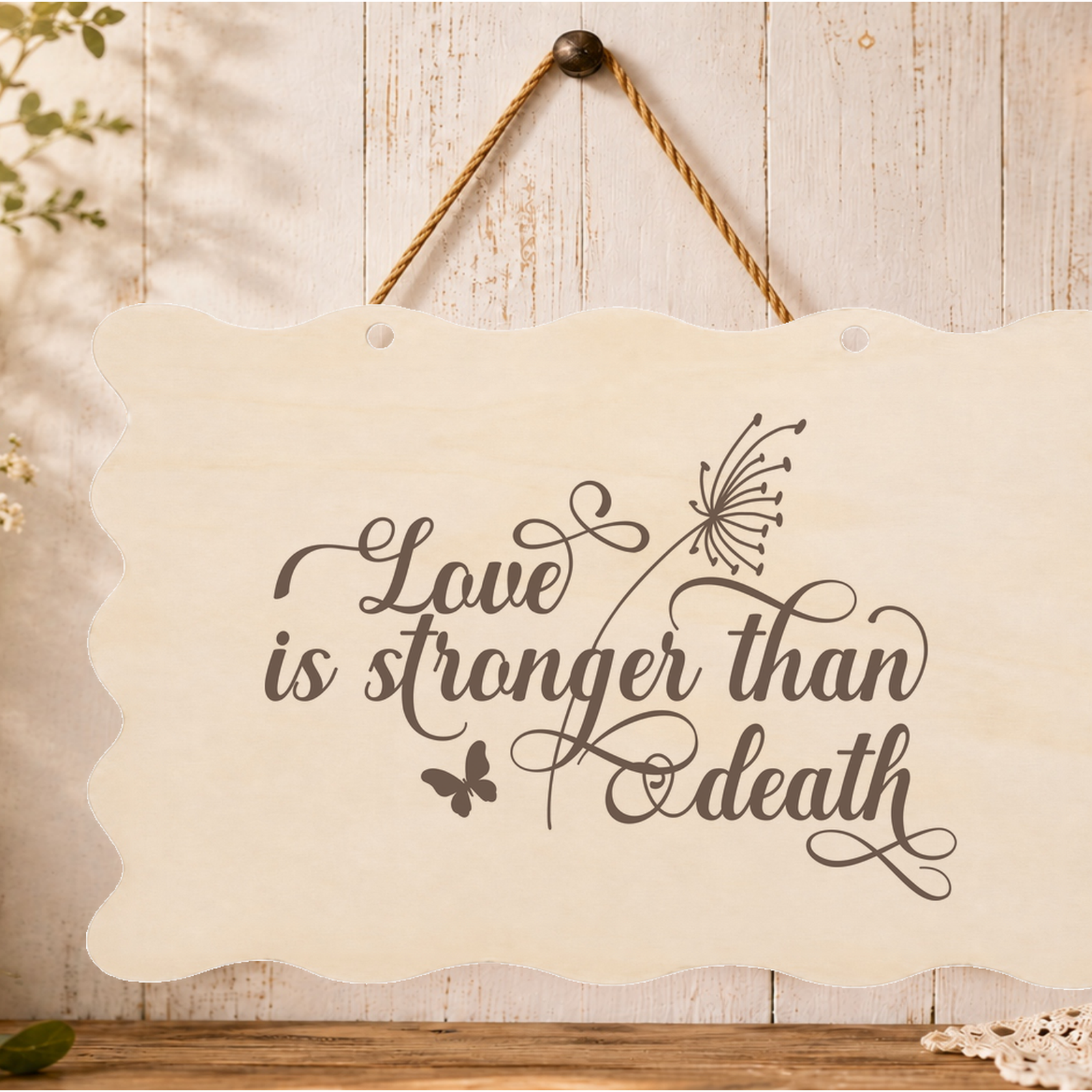 Love is stronger than death memorial plaque hanging on a wall