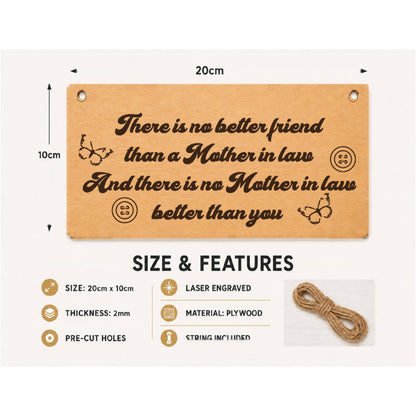 Mother-in-Law Friendship Gift plaque showing 20 x 10 cm size and product features