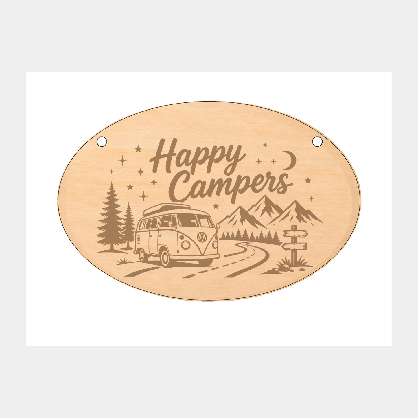 Happy Campers caravan and campervan oval plaque on a white background
