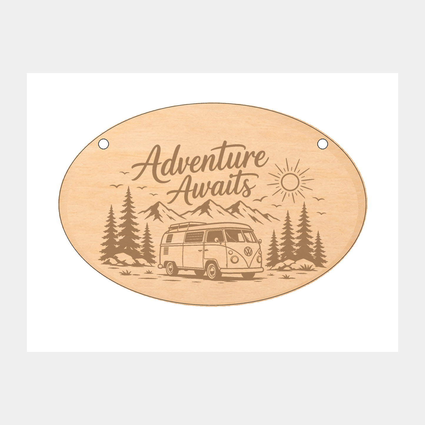 Adventure Awaits caravan and campervan oval wooden plaque on a white background