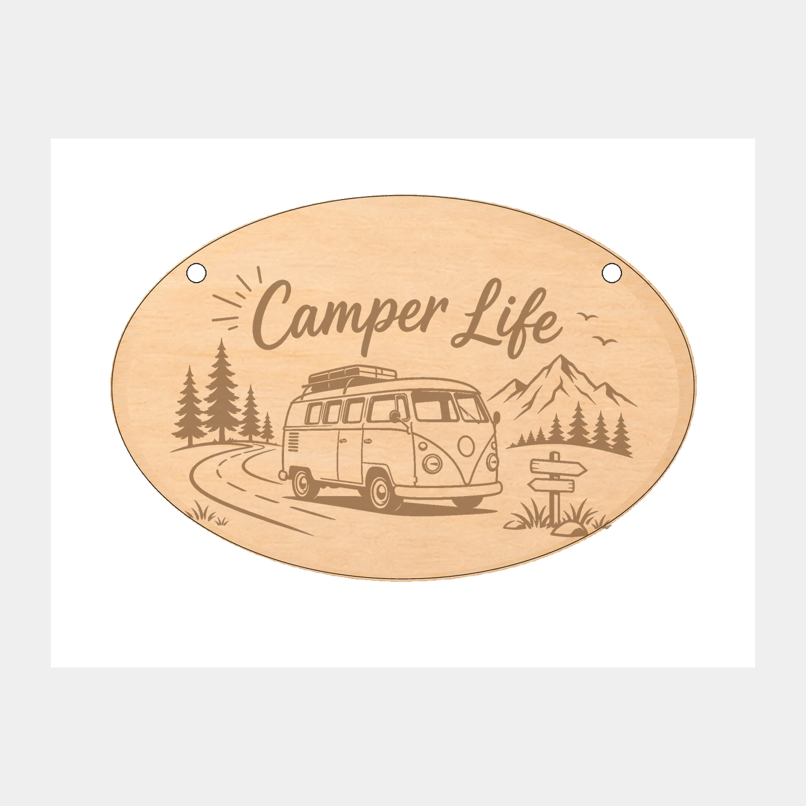 Camper Life caravan and campervan oval wooden plaque on a white background