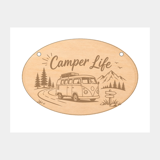 Camper Life caravan and campervan oval wooden plaque on a white background