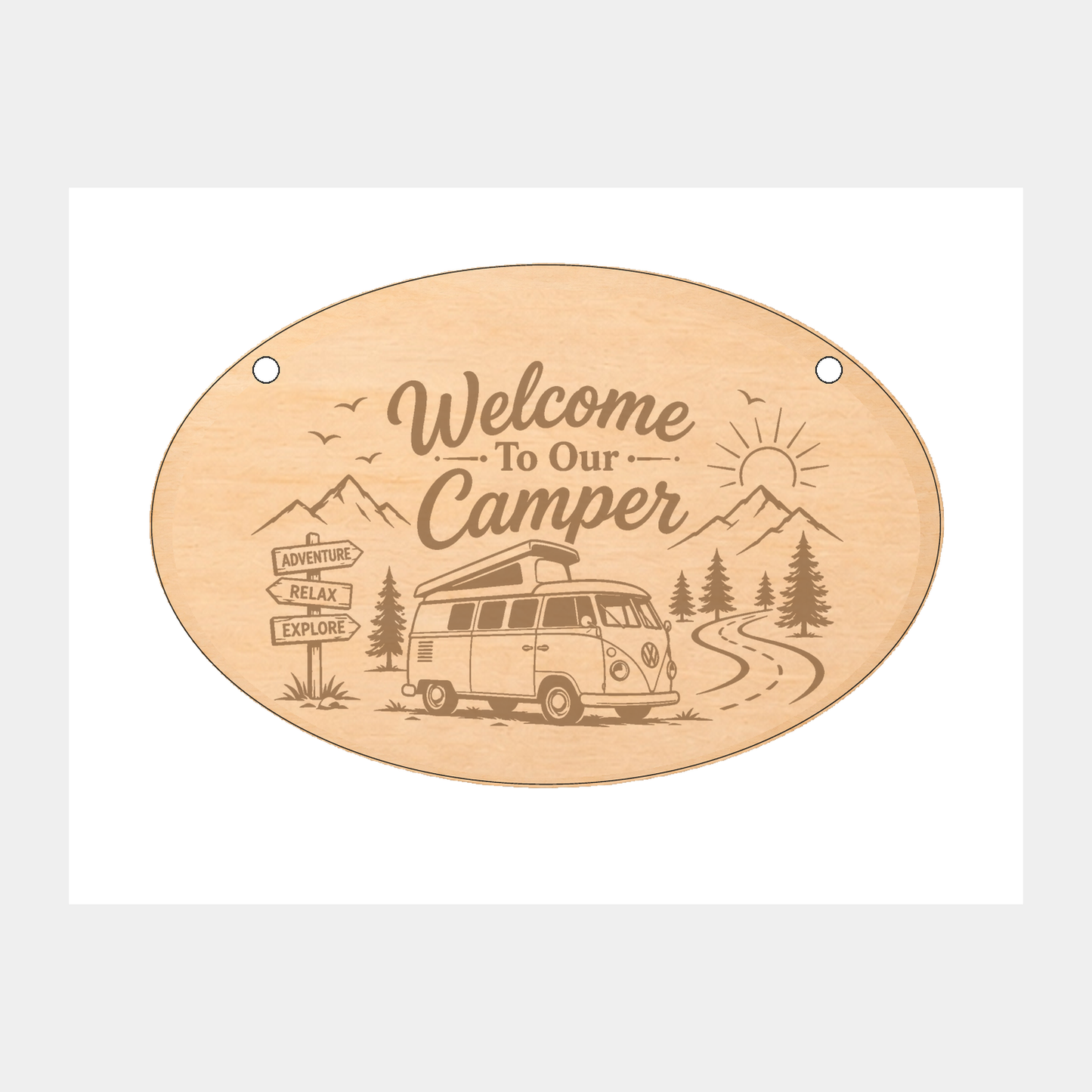 Welcome to Our Camper oval wooden plaque on a white background