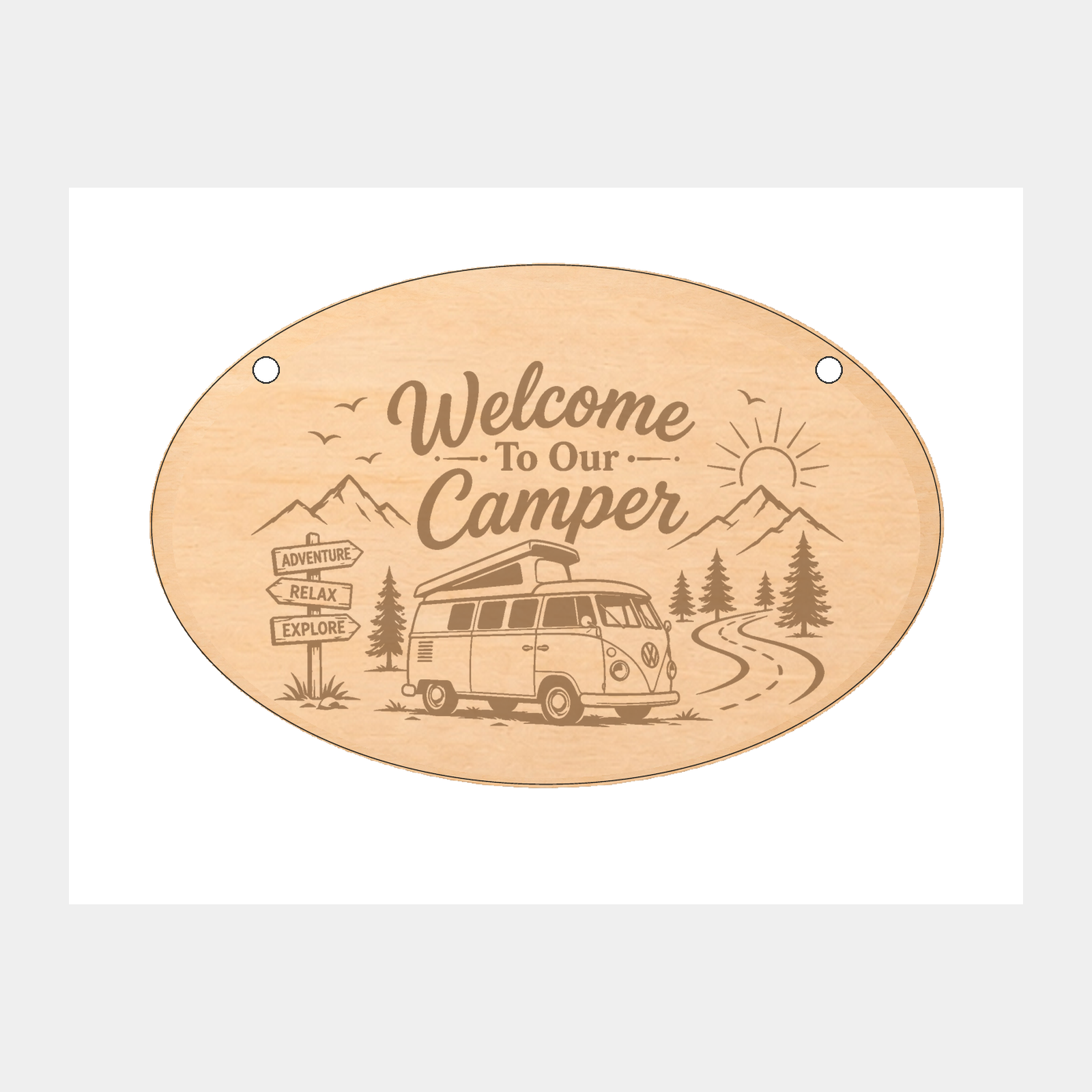 Welcome to Our Camper oval wooden plaque on a white background