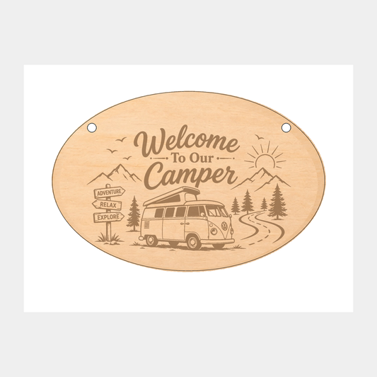 Welcome to Our Camper oval wooden plaque on a white background