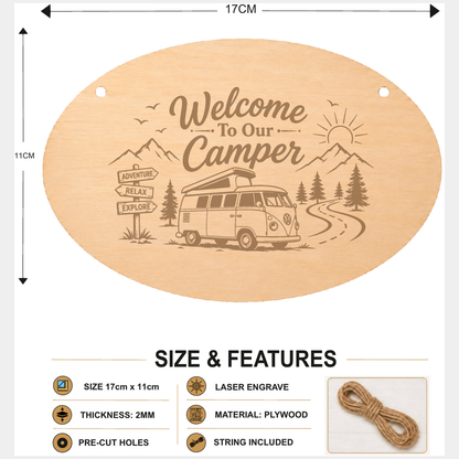Welcome to Our Camper oval plaque showing 17 x 11 cm size and product features