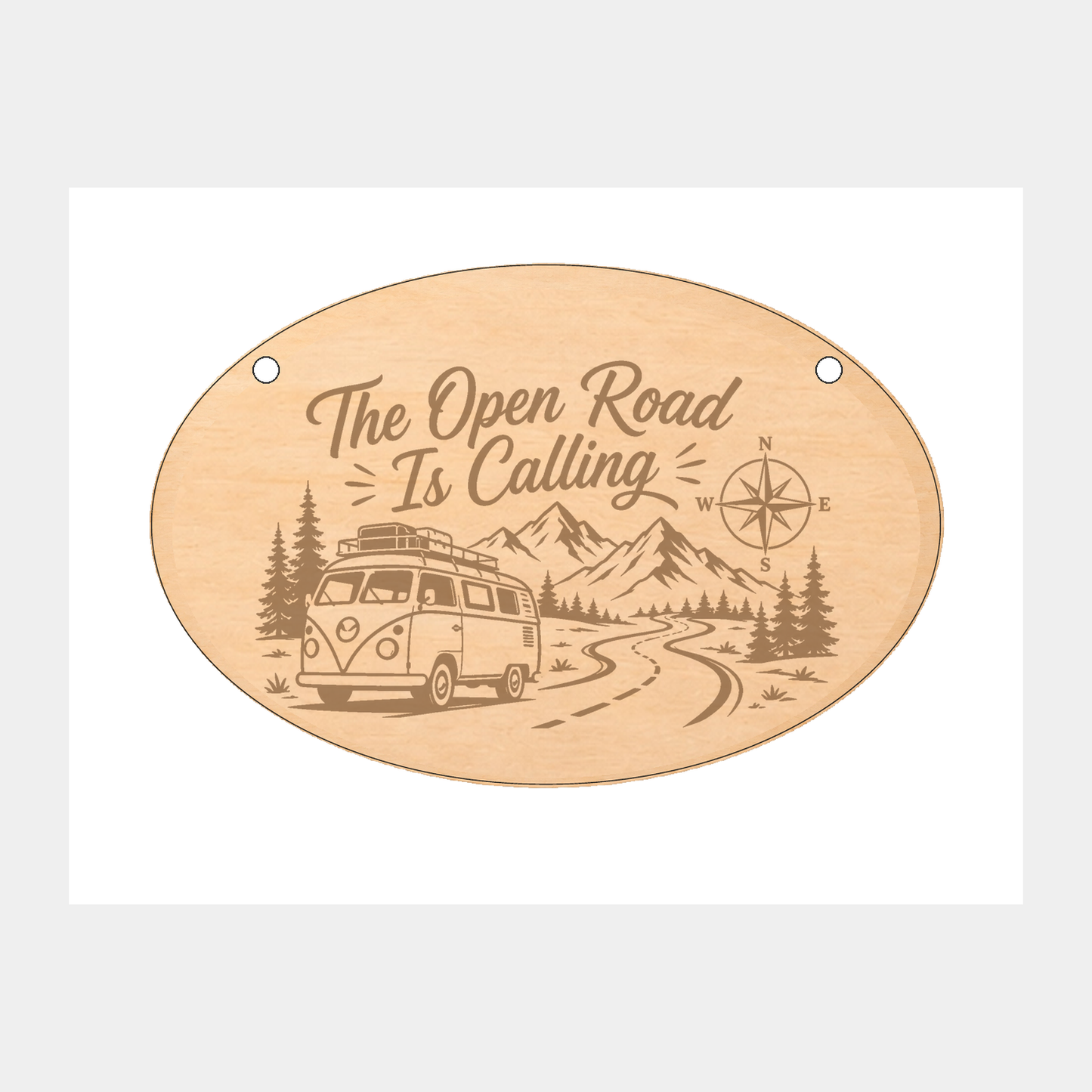 The Open Road Is Calling caravan oval wooden plaque on a white background
