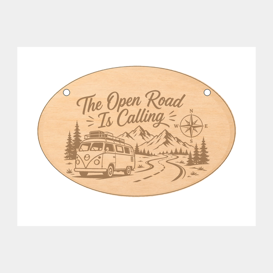 The Open Road Is Calling caravan oval wooden plaque on a white background
