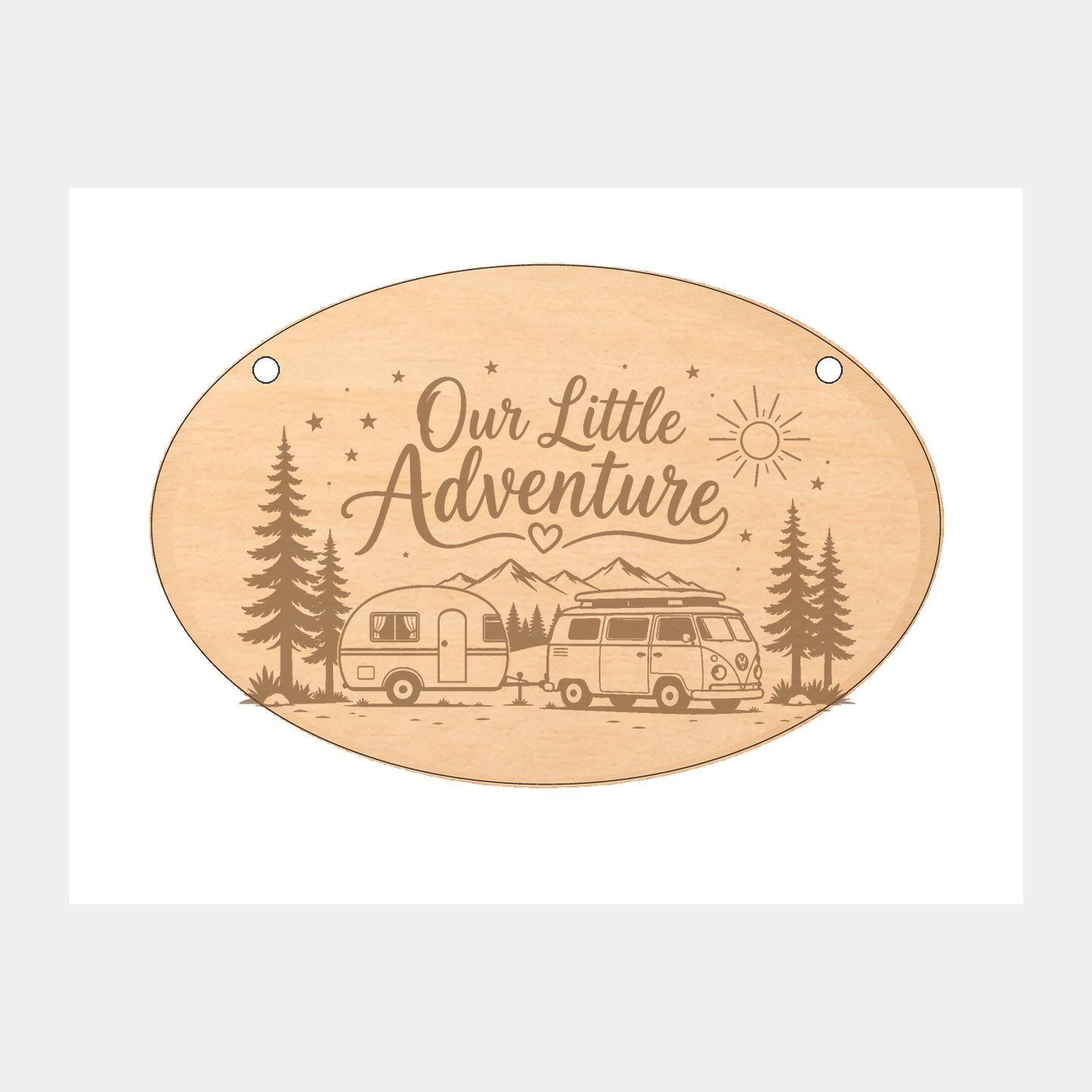 Our Little Adventure caravan oval wooden plaque on a white background