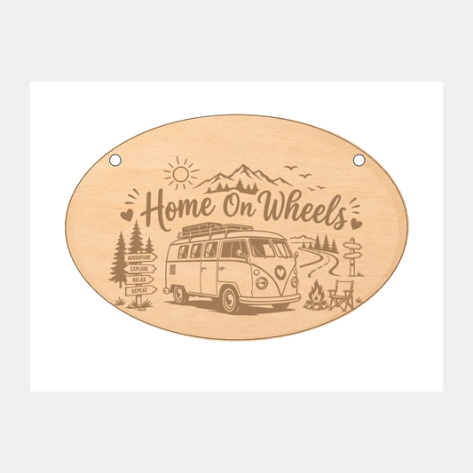 Home on Wheels caravan and campervan oval plaque on a white background