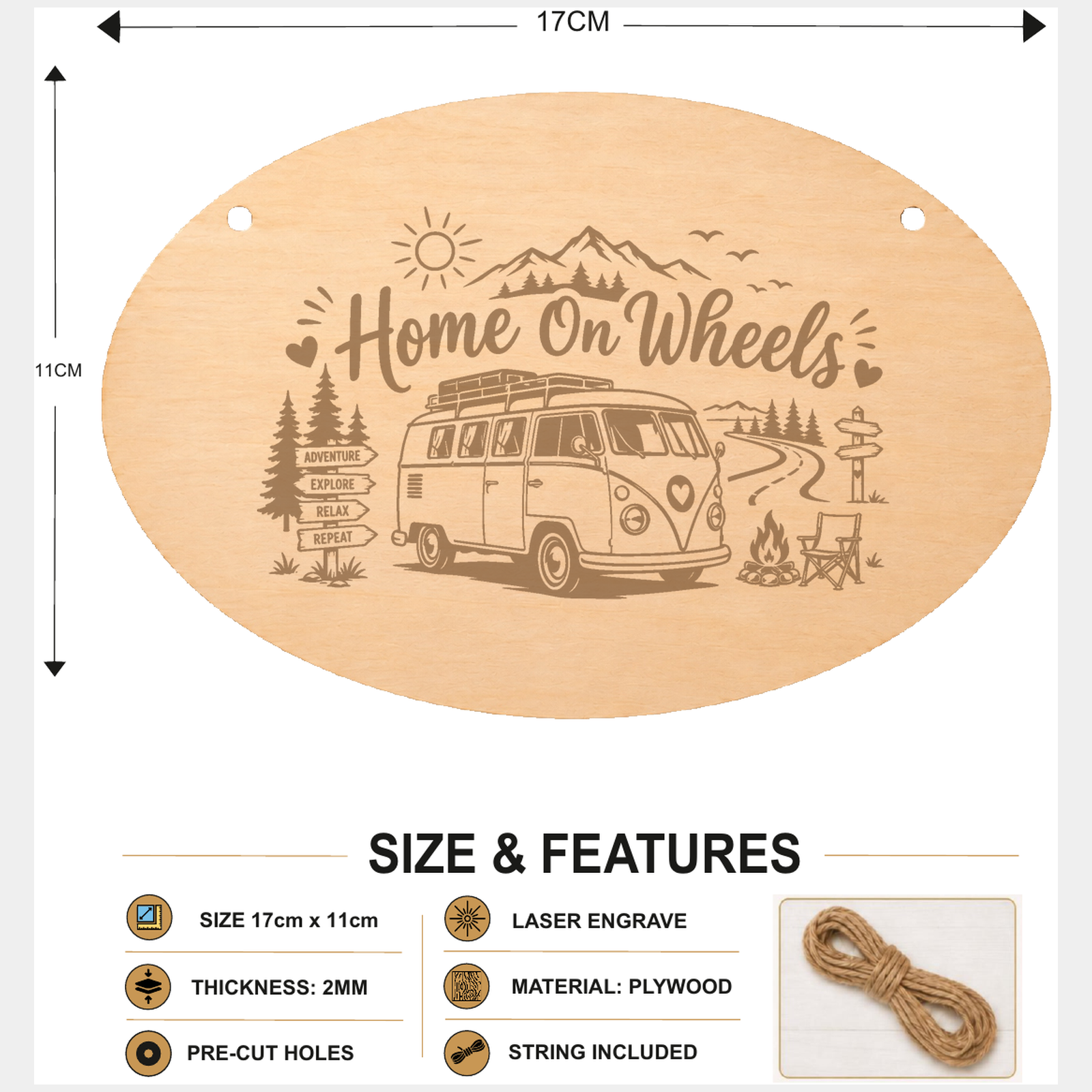 Home on Wheels oval plaque showing 17 x 11 cm size and product features