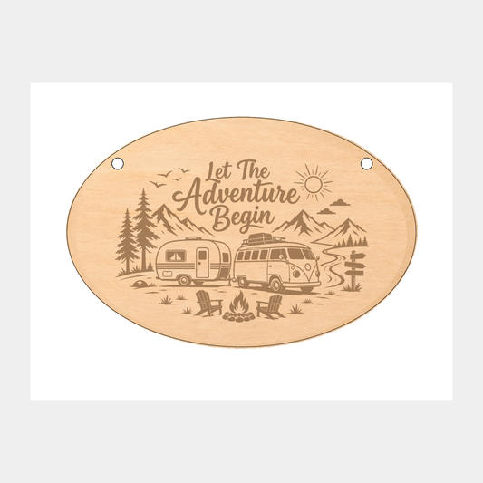 Let the Adventure Begin caravan oval wooden plaque on a white background