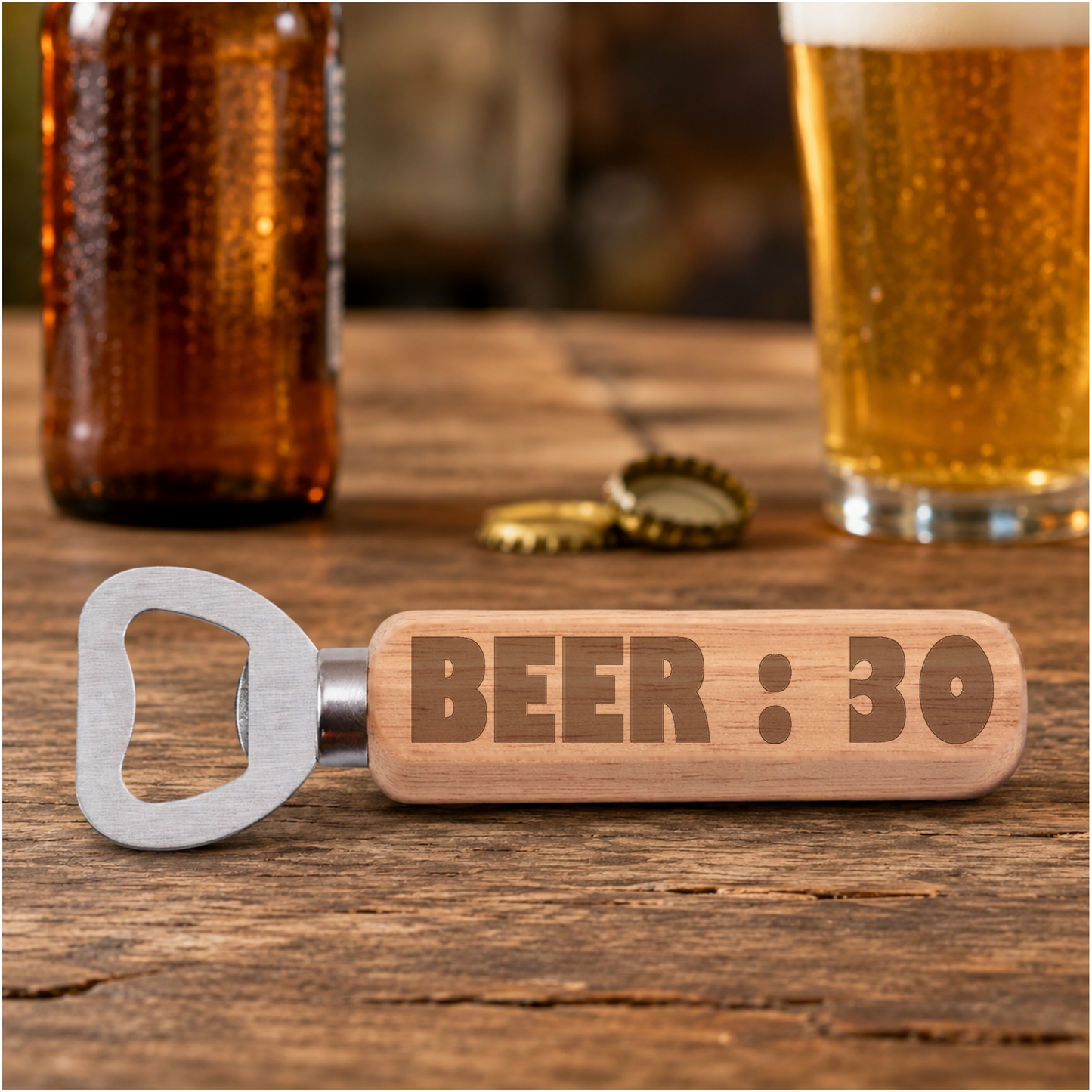 Beer 30 engraved bottle opener in a realistic beer setting