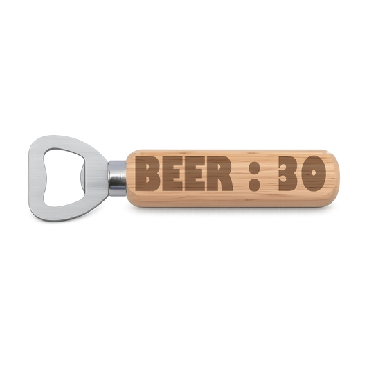 Beer 30 engraved wooden bottle opener on a white background