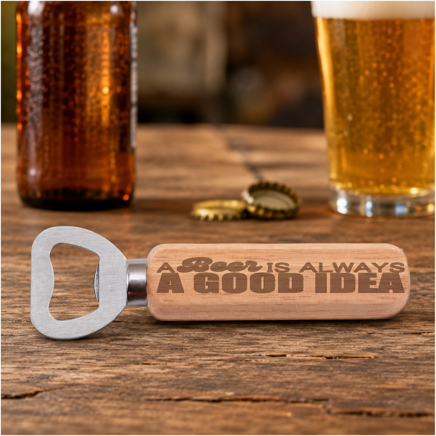 A Beer Is Always A Good Idea Design 2 engraved bottle opener in a realistic beer setting