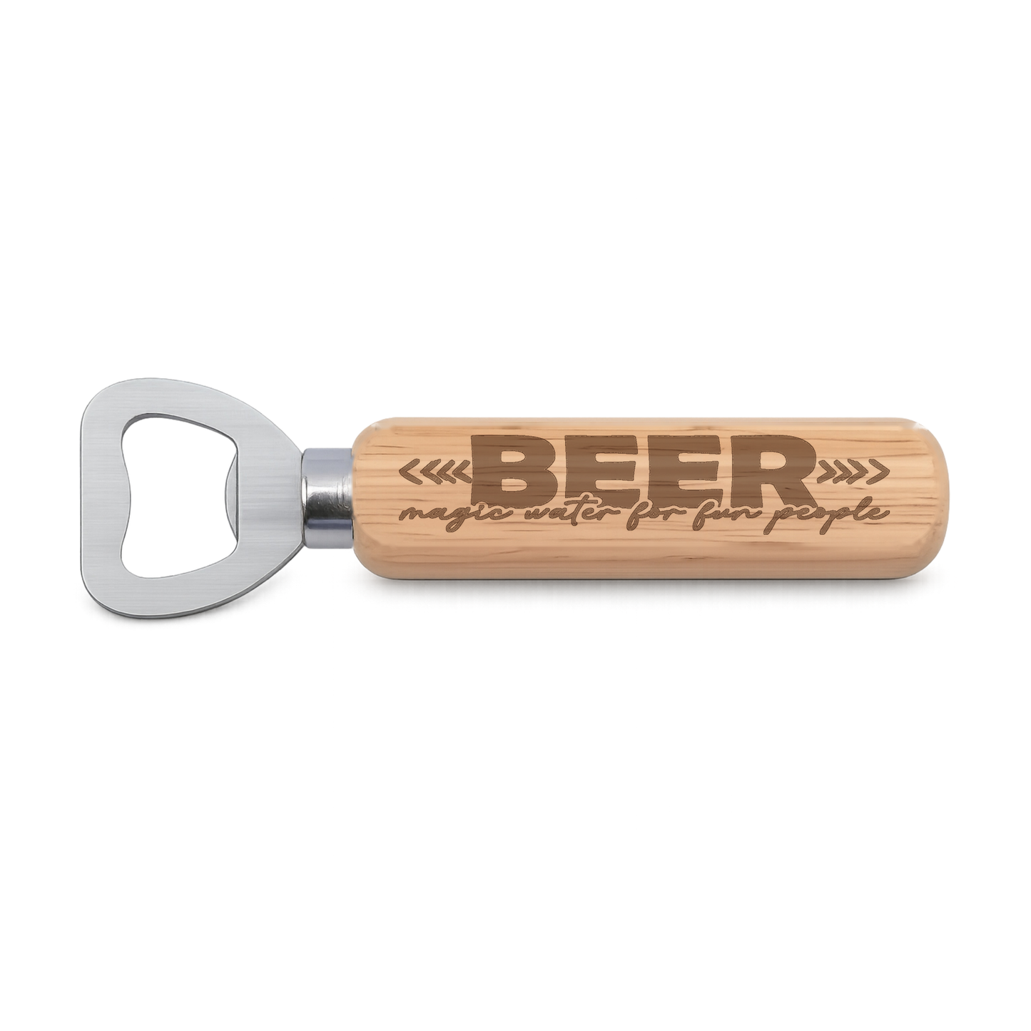 Beer Magic Water For Fun People engraved wooden bottle opener on a white background
