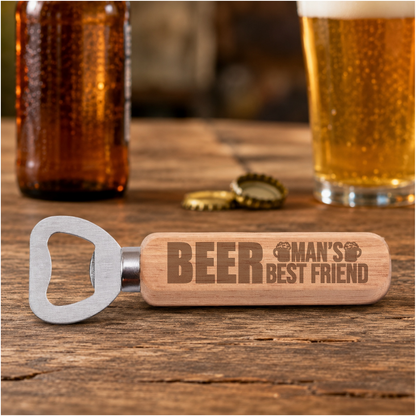 Beer Man's Best Friend engraved bottle opener in a realistic beer setting