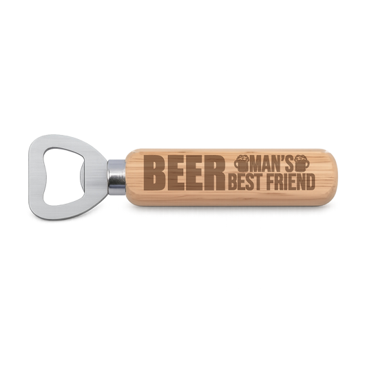 Beer Man's Best Friend engraved wooden bottle opener on a white background