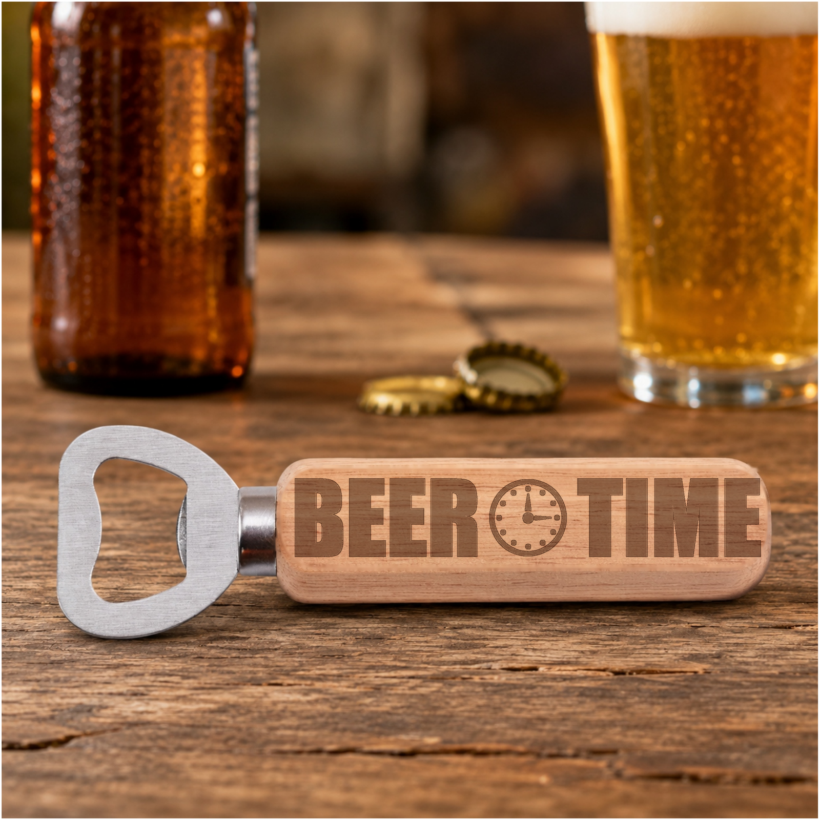Beer Time engraved bottle opener in a realistic beer setting