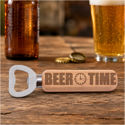 Beer Time engraved bottle opener in a realistic beer setting