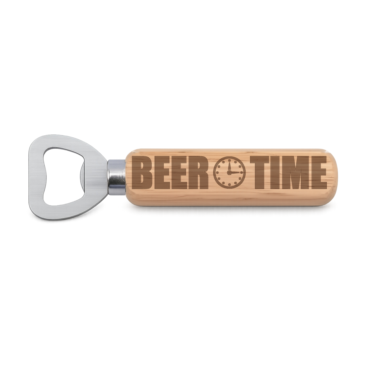 Beer Time engraved wooden bottle opener on a white background