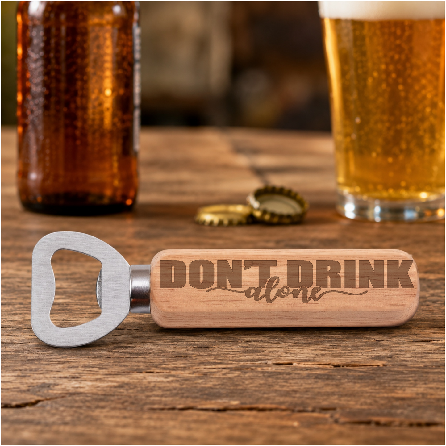 Don't Drink Alone engraved bottle opener in a realistic beer setting