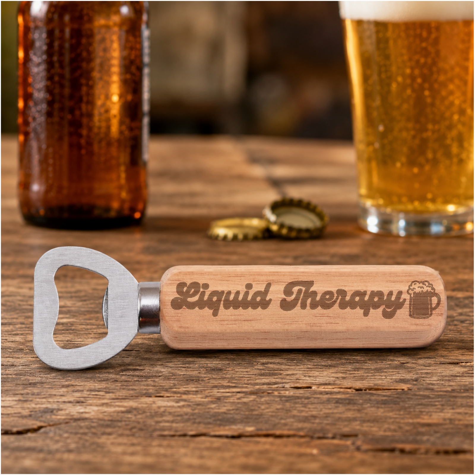 Liquid Therapy engraved bottle opener in a realistic beer setting