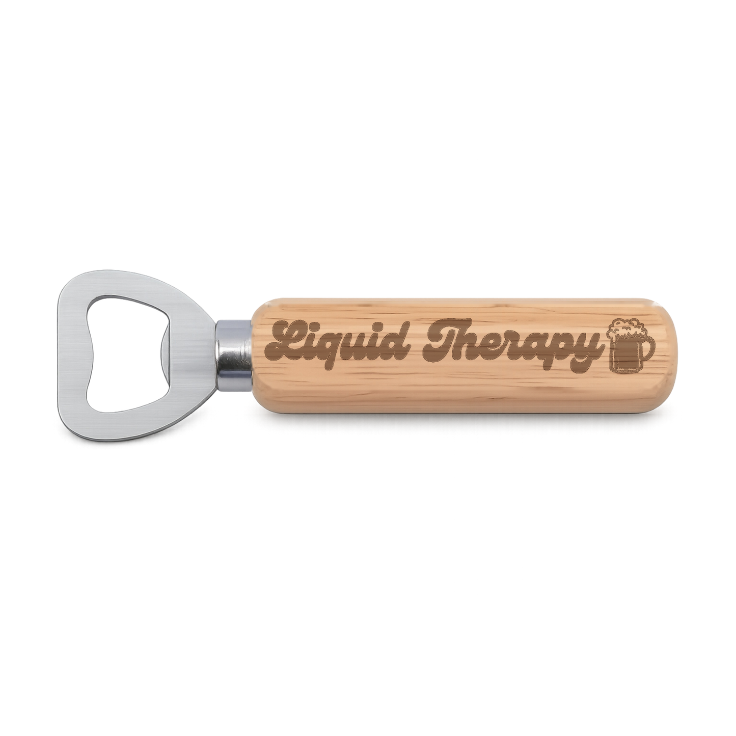 Liquid Therapy engraved wooden bottle opener on a white background