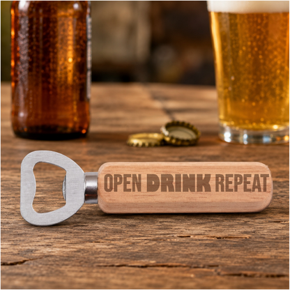 Open Drink Repeat engraved bottle opener in a realistic beer setting