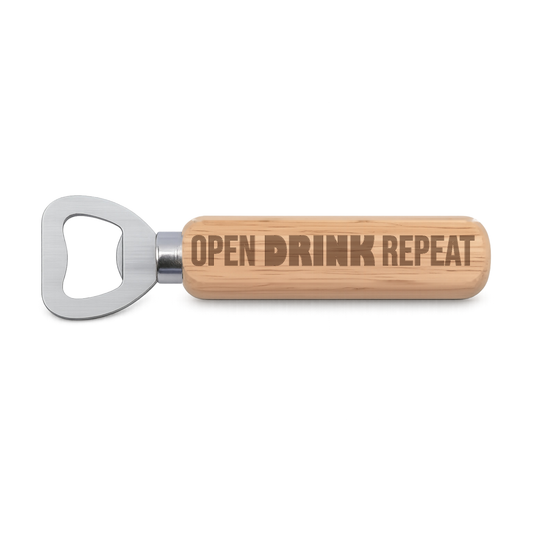 Open Drink Repeat engraved wooden bottle opener on a white background