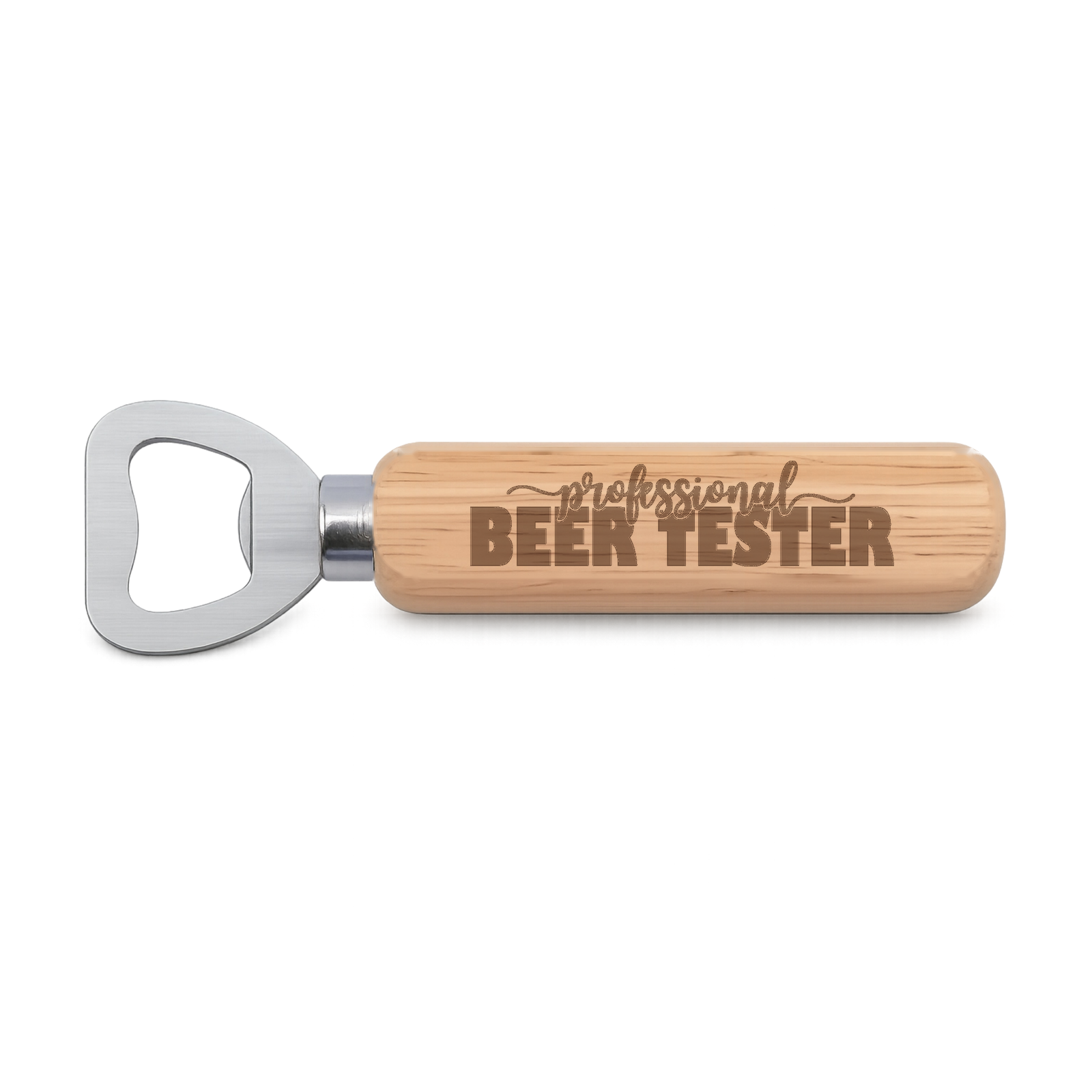 Professional Beer Tester engraved wooden bottle opener on a white background