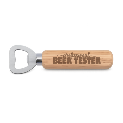 Professional Beer Tester engraved wooden bottle opener on a white background