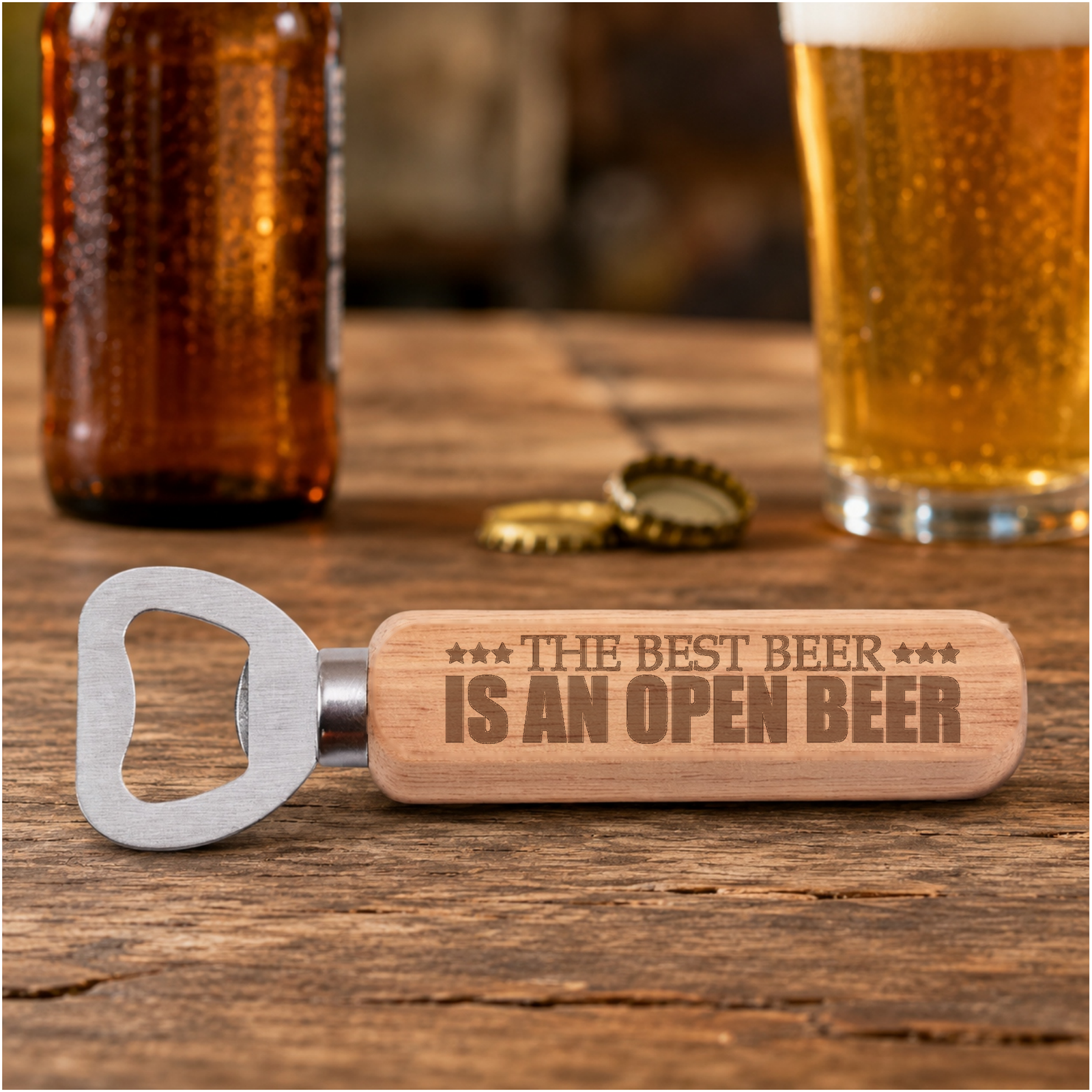 The Best Beer Is An Open Beer engraved bottle opener in a realistic beer setting