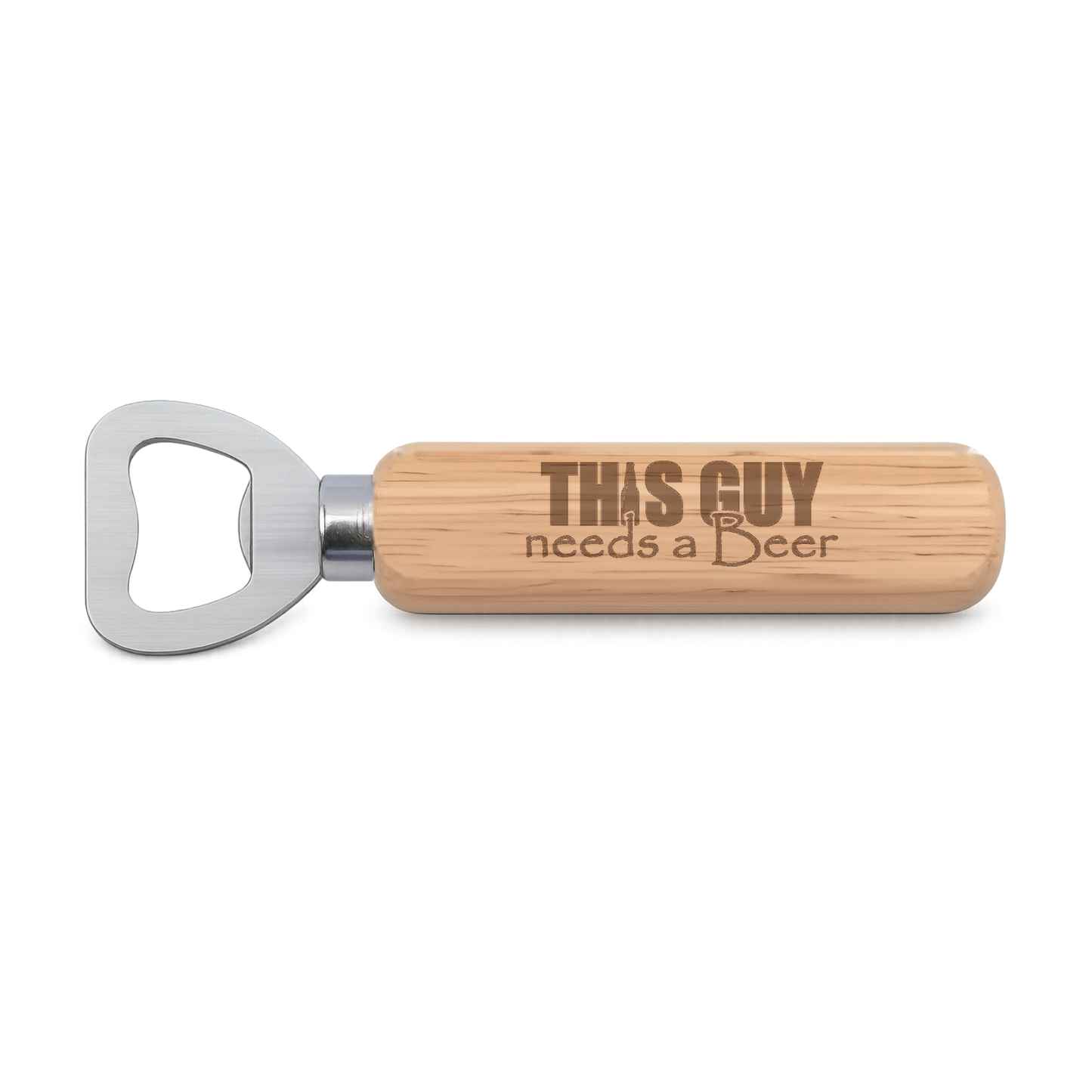 This Guy Needs A Beer engraved wooden bottle opener on a white background