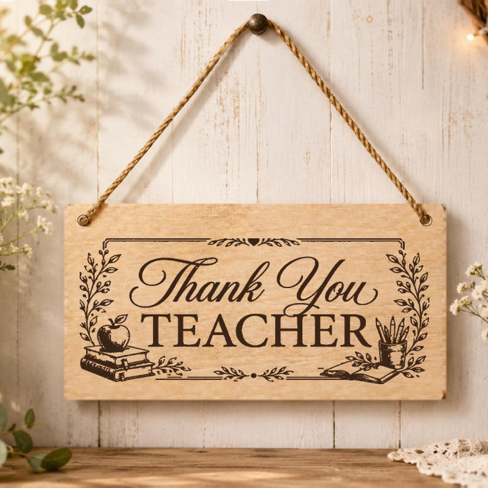 Thank You Teacher wooden plaque displayed in a classroom setting