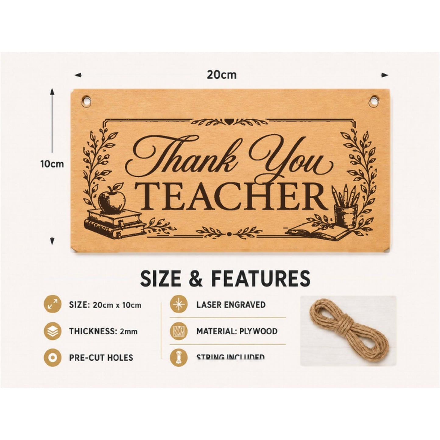 Thank You Teacher plaque showing 20 x 10 cm size and product features