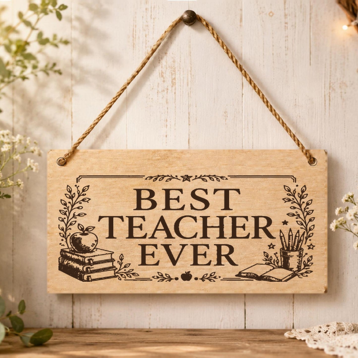 Best Teacher Ever wooden thank you plaque displayed in a classroom-style setting